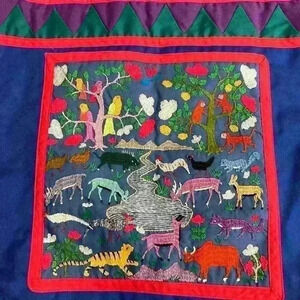 Quilted Blue Tote Bag with‎ Animal Embroidery Boho Anthropologie Style